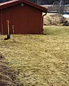 Tom gräsplätt. Rött trähus i bakgrunden.