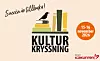 Illustration med böcker, en fågel och texten Kulturkryssning 15–16 november 2026.