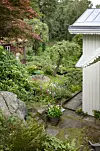 Kuperad och lummig villaträdgård med stenplattor, sittplats och vit husfasad.