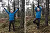Bosse Rosén a gör yogaövningar i en tallskog på mossig mark.