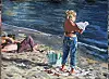 Målning av strand där en person står vid vattnet och läser, med en annan som solar i sanden.