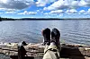 Skor vilar på trästaket med utsikt över vidsträckt sjö och molnig blå himmel.