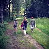 Fyra personer och en liten hund går bort längs en skogsstig en sommardag.