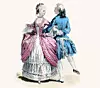 Illustration av ett par i 1700-talskläder som dansar i hovmiljö.