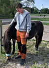 Man i arbetskläder står intill brun ponny som betar i hage på 4H‑gård.
