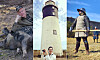 Tredelad bild med bonde, fyrturist och historiskt rustad soldat utomhus.