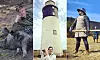 Tredelad bild med bonde, fyrturist och historiskt rustad soldat utomhus.
