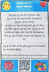 Svensk informationslapp från Random Acts of Crochet Kindness Sverige med QR-kod och färggranna ikoner.