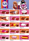 Reklamaffisch från GB Glace med olika pinnglassar och en leende flicka bredvid en clownfigur.