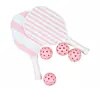 Rosa- och vitrandig pickleballracket med fyra rosa bollar mot vit bakgrund.