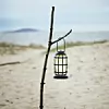 En svart lykta hänger från en gren på en sandstrand med havet i bakgrunden.