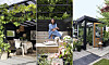 Trädgård med pergola, växthus, loungemöbler och flera sittplatser bland gröna växter.