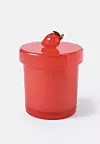 Röd cylindrisk burk med lock och en liten dekorativ knopp på toppen.