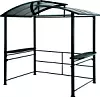 Svart paviljong med glas- eller polykarbonattak, hyllor på sidorna och öppet utrymme under.