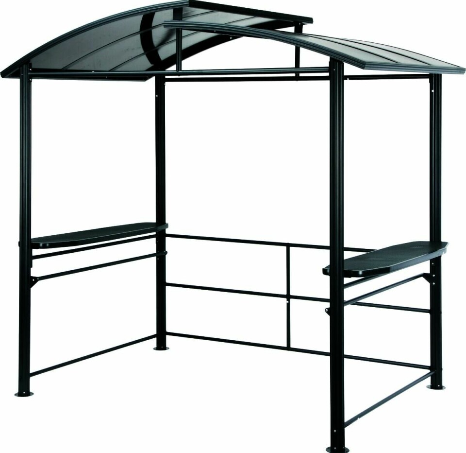 Svart paviljong med glas- eller polykarbonattak, hyllor på sidorna och öppet utrymme under.