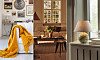 Tre olika vardagsrumshörn med soffa, fåtölj, bordslampa och dekorativa detaljer i varma toner.