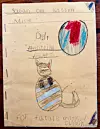 Handgjort pappershäfte med en teckning av en katt, en färgad cirkel med siffran 1, gjort som ett bokomslag med titeln Sagan om katten Misse.