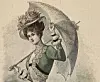 Illustration av en kvinna med hatt, parasoll och grön klänning i historisk stil.