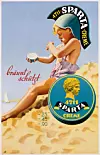 Retroaffisch med ett barn på sandstrand och en burk 4711 Sparta Creme.