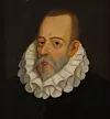 Målat porträtt av en man med kort hår, mustasch och stor vit spetskrage.