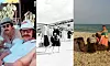 Tre sidställda bilder: två män sittandes utomhus, en flygplansgång och en person på en kamel vid stranden.