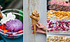 Färgglada gelatosorter, en hand med våffla och glassdisk med olika smaker.