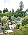 Frodig trädgård med damm, grusgångar, stenläggning, blommande rabatter och ett litet växthus.