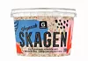 Plastburk med texten Vegansk Skagen på vit bakgrund.