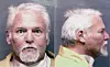 Mugshot av en äldre man med vitt hår och skägg i front- och sidovy.