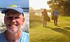 Vänster: leende man i blå keps framför havet. Höger: två personer går på en golfbana i solnedgång.