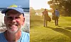 Vänster: leende man i blå keps framför havet. Höger: två personer går på en golfbana i solnedgång.