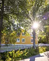 Gult hus bakom träd och vitt staket i starkt solljus.