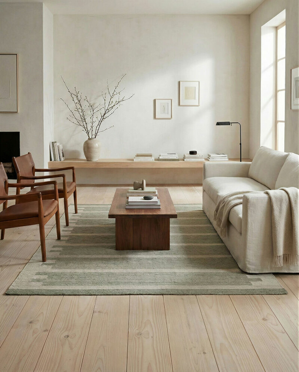 Ljust vardagsrum med beige soffa, lågt träbord, trästolar, matta och stor vas med grenar.