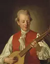 En man i röd väst spelar luta i en målning med mörk bakgrund.