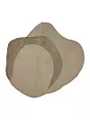 Tre överlappande abstrakta former i beige och bruna toner på vit bakgrund.