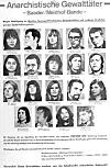 En svartvit affisch med många porträttfoton och rubriken Anarchistische Gewalttäter – Baader/Meinhof-Bande.
