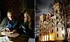 Bildkollage. Till vänster: två personer som sitter vid ett bord i ett mörkt rum och studerar ett ouija-bräde. Till höger: exteriörbild av Bogesunds slott.