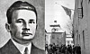 Svartvitt porträtt bredvid en stadsgata med människor samlade utanför rådhuset.