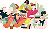 Illustration av flera personer som läser, målar och håller böcker i en färgstark kulturscen.