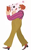 Illustration av en kvinna med rött hår som läser en bok, omgiven av små symboler och hjärtan.