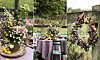 Blomsterarrangemang på ett bord med dukar och dekorationer utomhus.