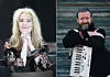 Två skådespelare poserar mot varsin mörk bakgrund, den ena med händerna under hakan och den andra med dragspel.