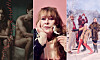 En collagebild med tre olika teaterscener: ett par i mörk belysning, en kvinna med dockor och en färgstark ensemble utomhus.