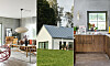 Collage med vardagsrum, modulhus och kök i modern stil.