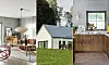 Collage med vardagsrum, modulhus och kök i modern stil.