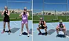 To personer på atletikbane udfører kettlebell-squats foran hegn i solskin.