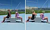 To kvinder laver triceps-dips på en lav kasse på en udendørs sportsplads.