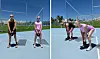To personer laver stående kettlebell-øvelser på en lys blå udendørs bane.