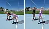 To personer laver kettlebell-øvelser på en solrig udendørs sportsplads.