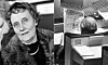 Svartvit bild med ett porträtt av Astrid Lindgren och en person som läser en tidning vid ett bord.